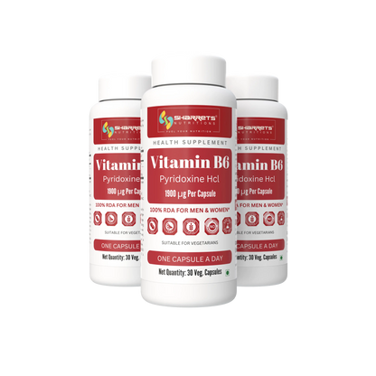 Three white bottles of Sharrets nutritions Health Supplement Vitamin B6 Pyridoxine Hcl arranged in a fan shape on a solid white background.