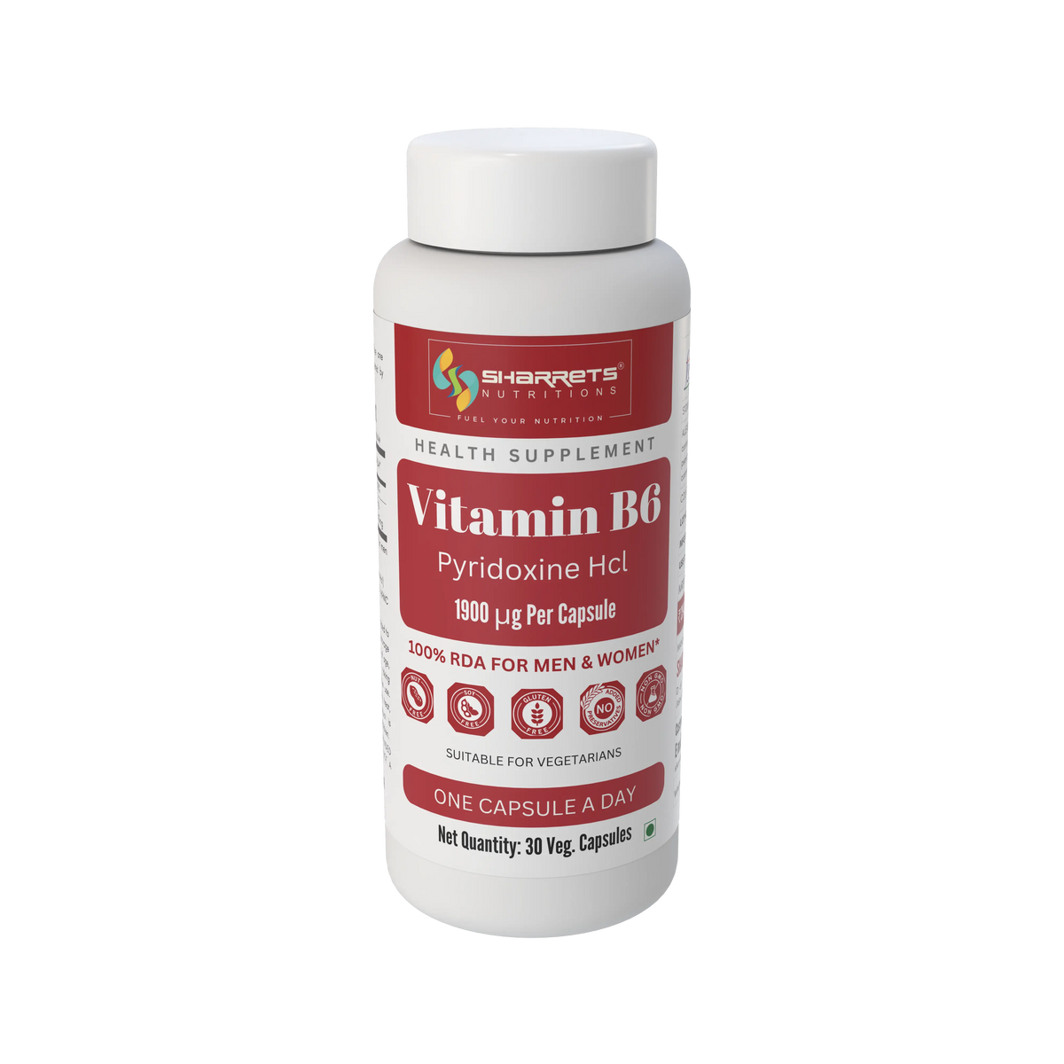 A white plastic bottle of Sharrets Supplements Vitamin B6 Pyridoxine HCl, 1900 µg per capsule, with a white cap and a label featuring red and white sections.