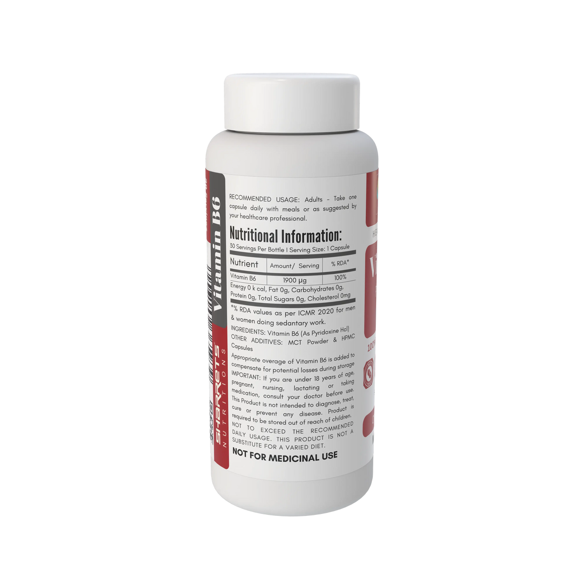 A white plastic bottle of Vitamin B6 with a white cap, featuring a white label with red and black text and a visible Nutrition Facts panel, isolated on a white background.