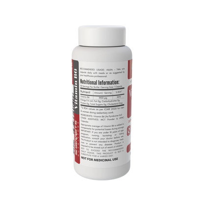 A white plastic bottle of Vitamin B6 with a white cap, featuring a white label with red and black text and a visible Nutrition Facts panel, isolated on a white background.