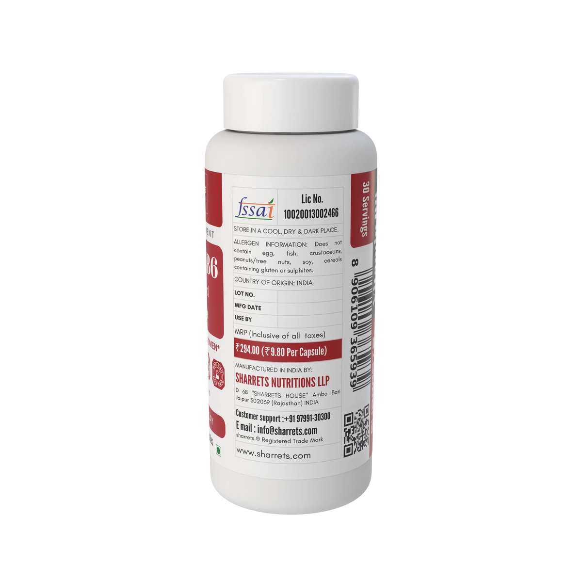 A white plastic bottle of Sharrets Nutritions LP with a white cap, shown from the back with a white label featuring red and black text and details.