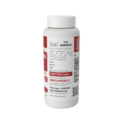A white plastic bottle of Sharrets Nutritions LP with a white cap, shown from the back with a white label featuring red and black text and details.