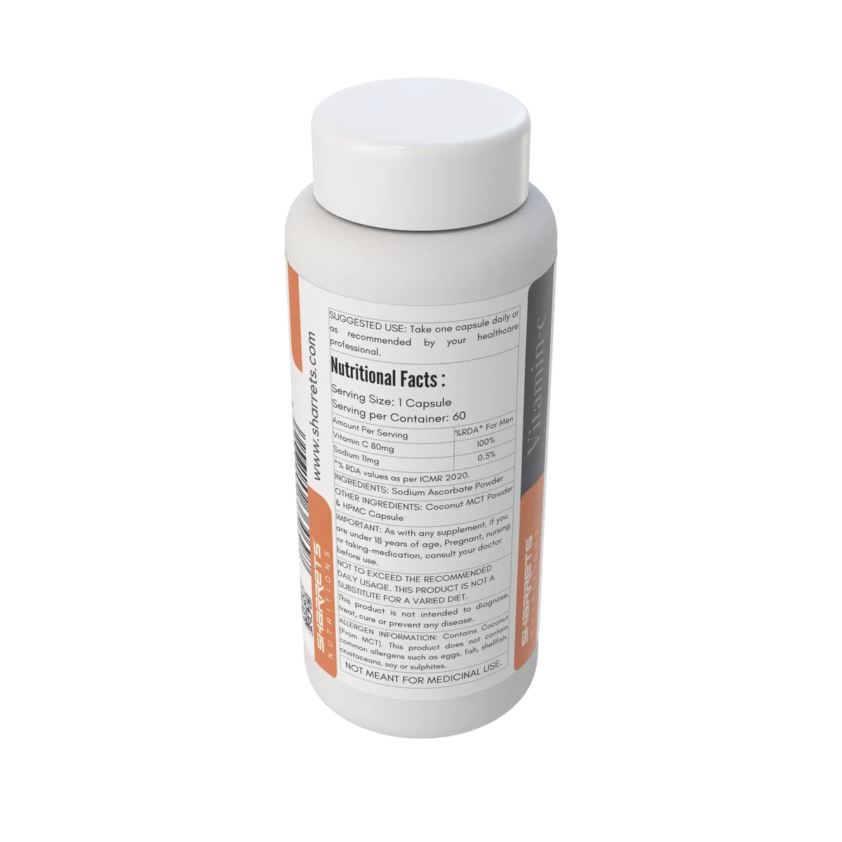 Sharrets Sodium Ascorbate Vitamin C Capsules showing nutritional facts, 80 mg Vitamin C per capsule, ingredients and suggested use.