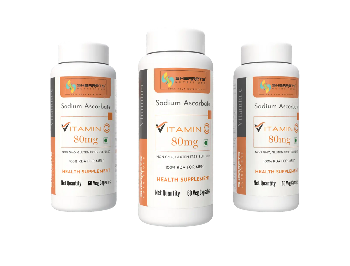 Sharrets Sodium Ascorbate Vitamin C 80 mg Capsules, Pack of 3 Bottles, 60 Veg Capsules per Bottle.