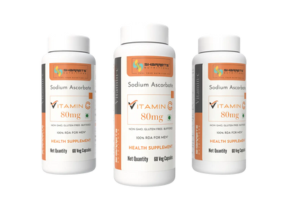 Sharrets Sodium Ascorbate Vitamin C 80 mg Capsules, Pack of 3 Bottles, 60 Veg Capsules per Bottle.