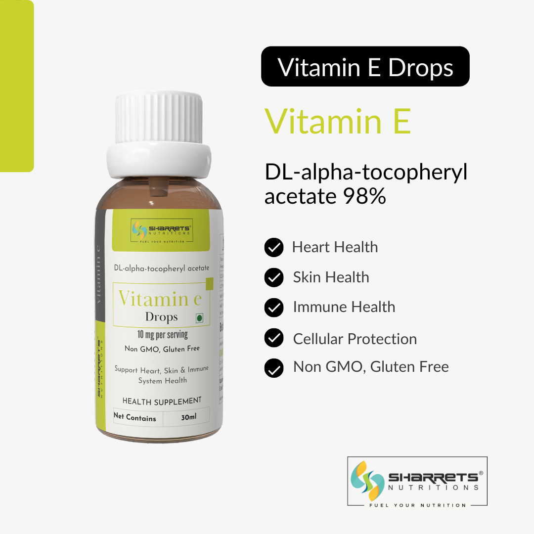 Vitamin E drops bottle with Sharretts Nutrition branding on a white background