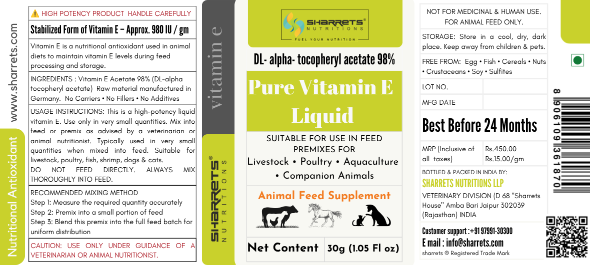 High-Purity Feed Grade Vitamin E Oil for Dogs, Cats, Poultry & Livestock - sharrets