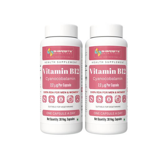 Two white bottles of Sharrets Vitamin B12 Cyanocobalamin health supplements side by side on a white background.