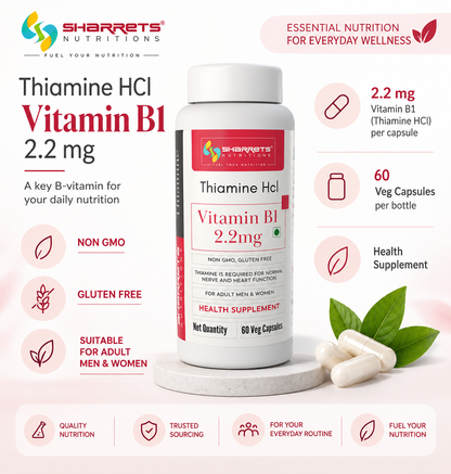 Vitamin B1 infographic featuring Sharrets Nutritions Thiamine HCl 2.2 mg supplement and product information.