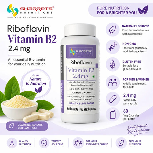 Sharrets Nutritions Riboflavin Vitamin B2 2.4 mg supplement bottle shown on a white background with promotional text, icons, and ingredient imagery.