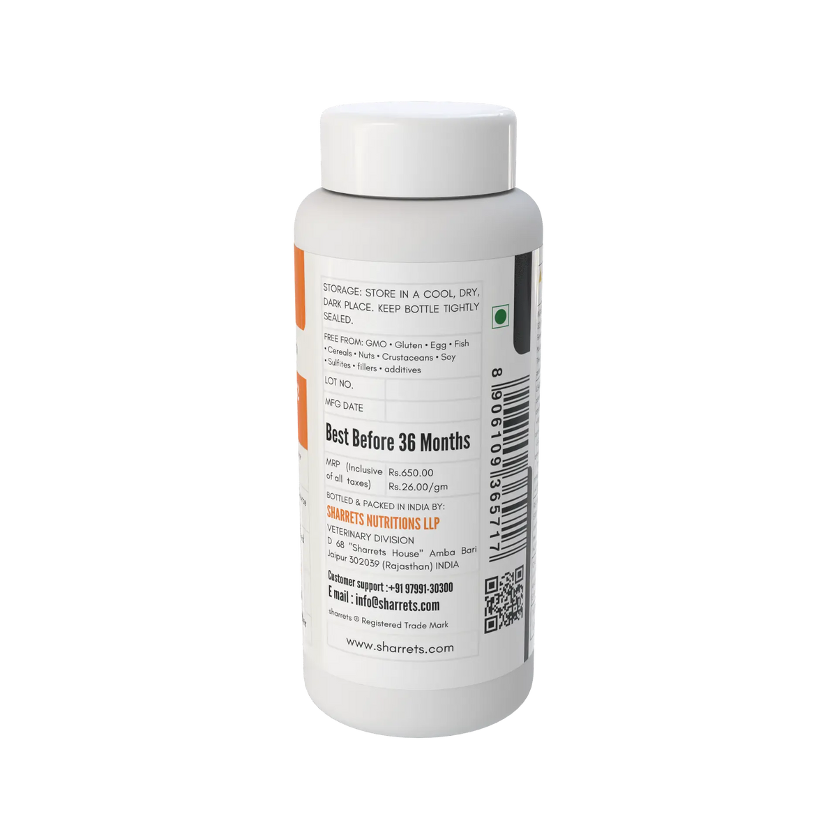 A white plastic bottle of Sharrets   Nutritions I dietary supplement, showing the back label with text, a barcode, and a small orange accent stripe on a white background.
