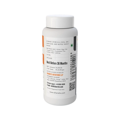 A white plastic bottle of Sharrets   Nutritions I dietary supplement, showing the back label with text, a barcode, and a small orange accent stripe on a white background.