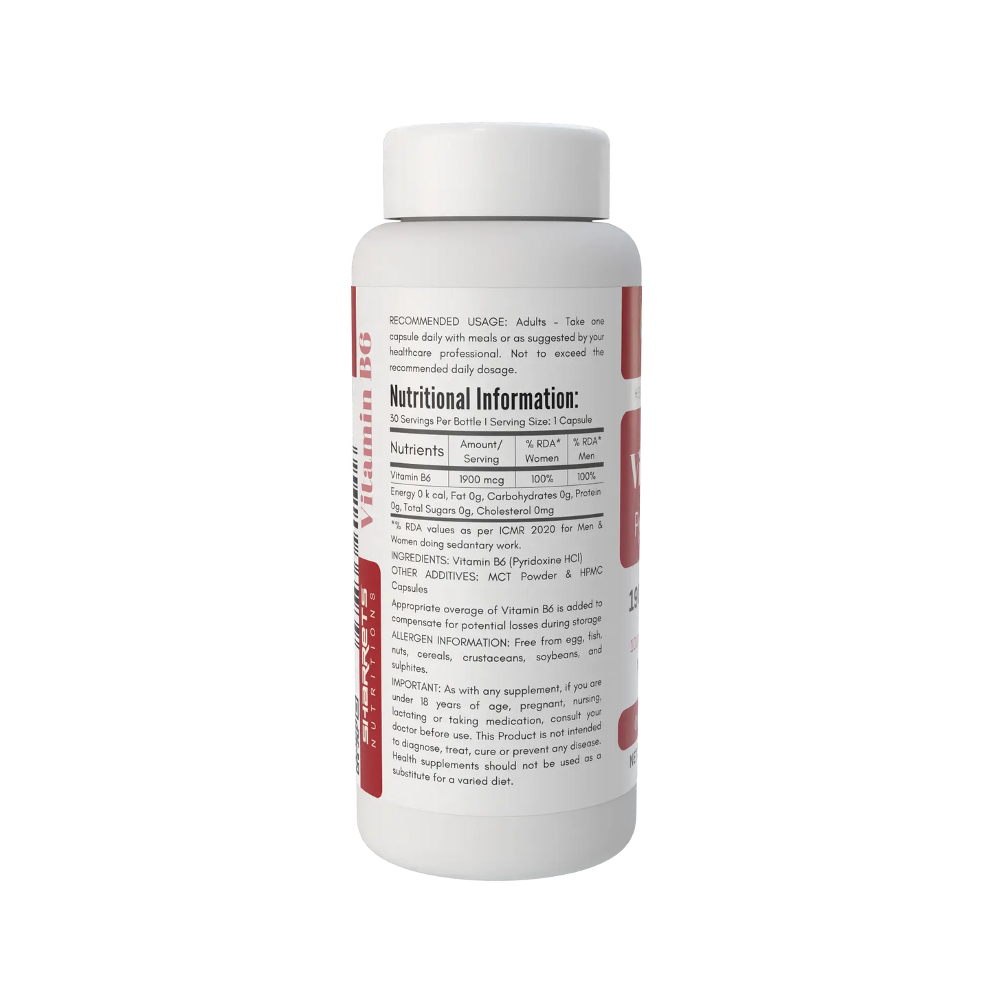 A white plastic bottle of dietary supplements with a white cap, showing the back label with nutritional information and text. The label features red and black text and graphics on a clean white background.