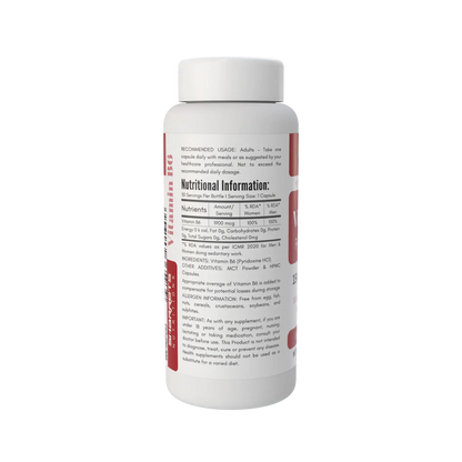 A white plastic bottle of dietary supplements with a white cap, showing the back label with nutritional information and text. The label features red and black text and graphics on a clean white background.