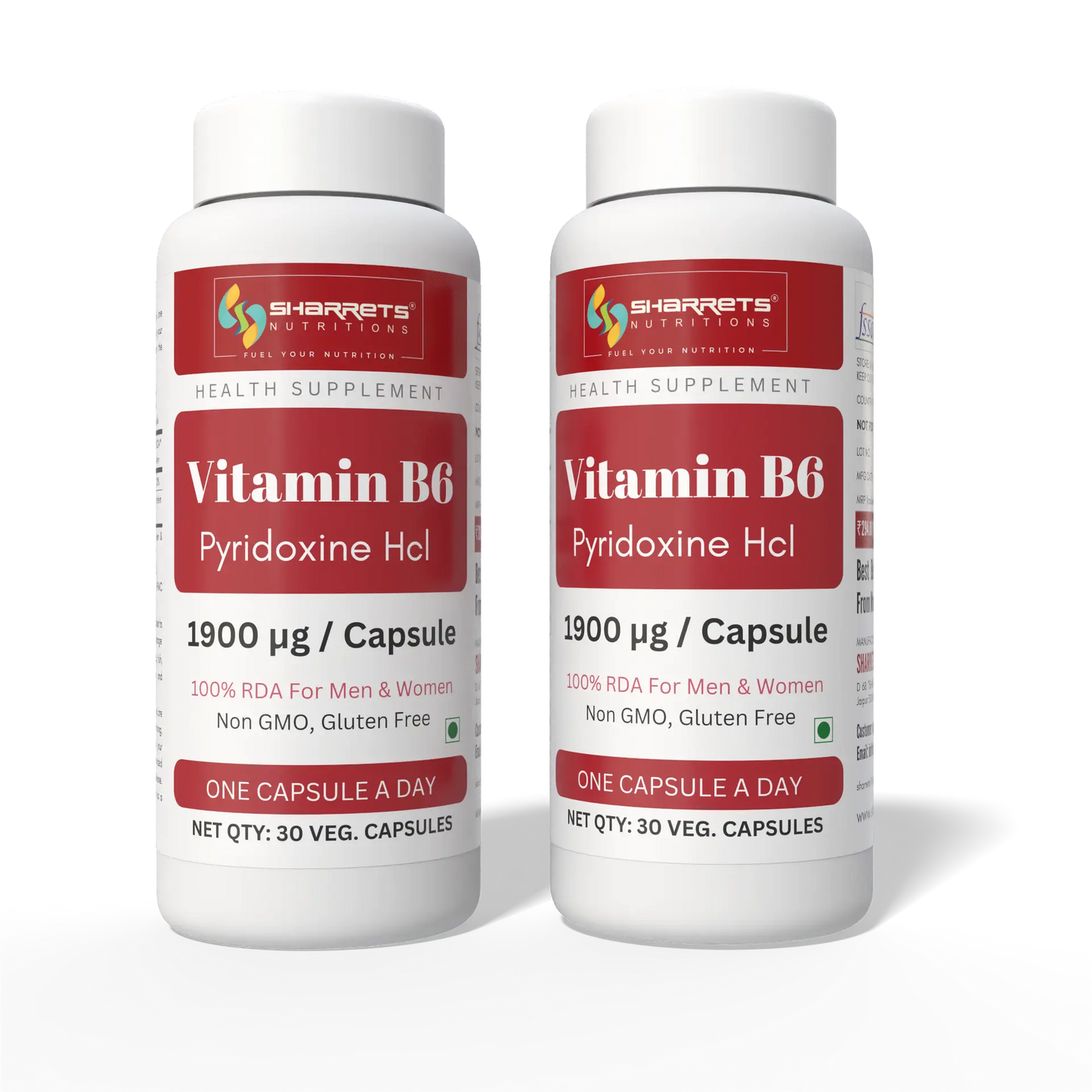 Vitamin B6 1900 mcg Capsules | Pyridoxine HCl | 100% RDA | Sharrets