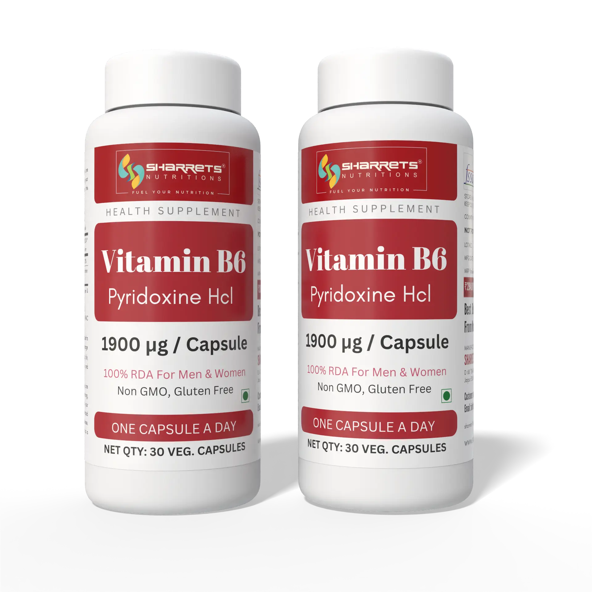 Vitamin B6 1900 mcg Capsules | Pyridoxine HCl | 100% RDA | Sharrets