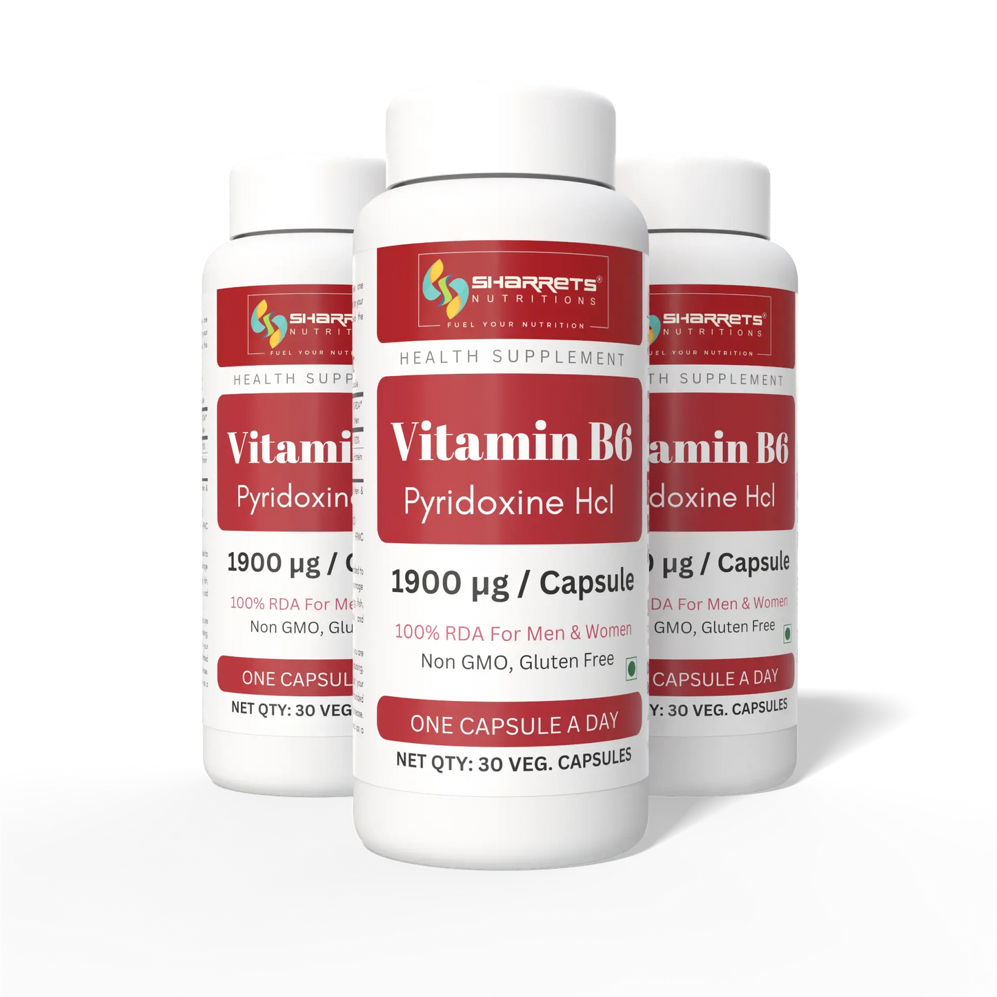 Sharrets Vitamin B6 Pyridoxine HCl 1900 µg per capsule, 30 vegetarian capsules, 100% RDA for men and women- Pack of 3