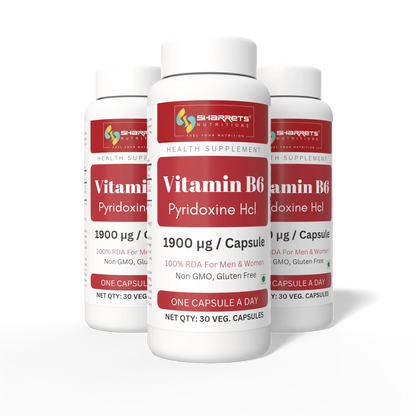 Sharrets Vitamin B6 Pyridoxine HCl 1900 µg per capsule, 30 vegetarian capsules, 100% RDA for men and women- Pack of 3