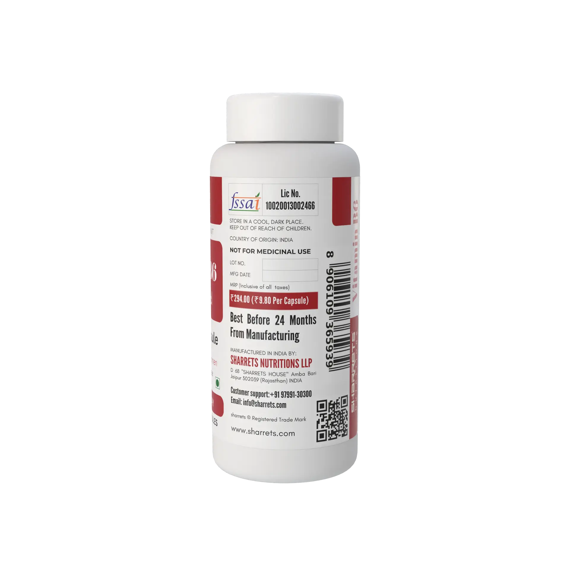 A white plastic bottle of Sharrets  Nutritions capsules with a white cap, shown from the back side. The label features red and black text and logos, including the 'fssai' mark at the top.