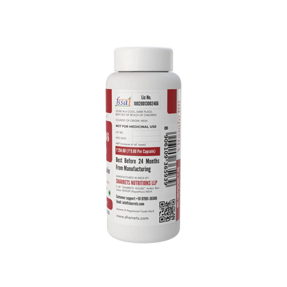 A white plastic bottle of Sharrets  Nutritions capsules with a white cap, shown from the back side. The label features red and black text and logos, including the 'fssai' mark at the top.