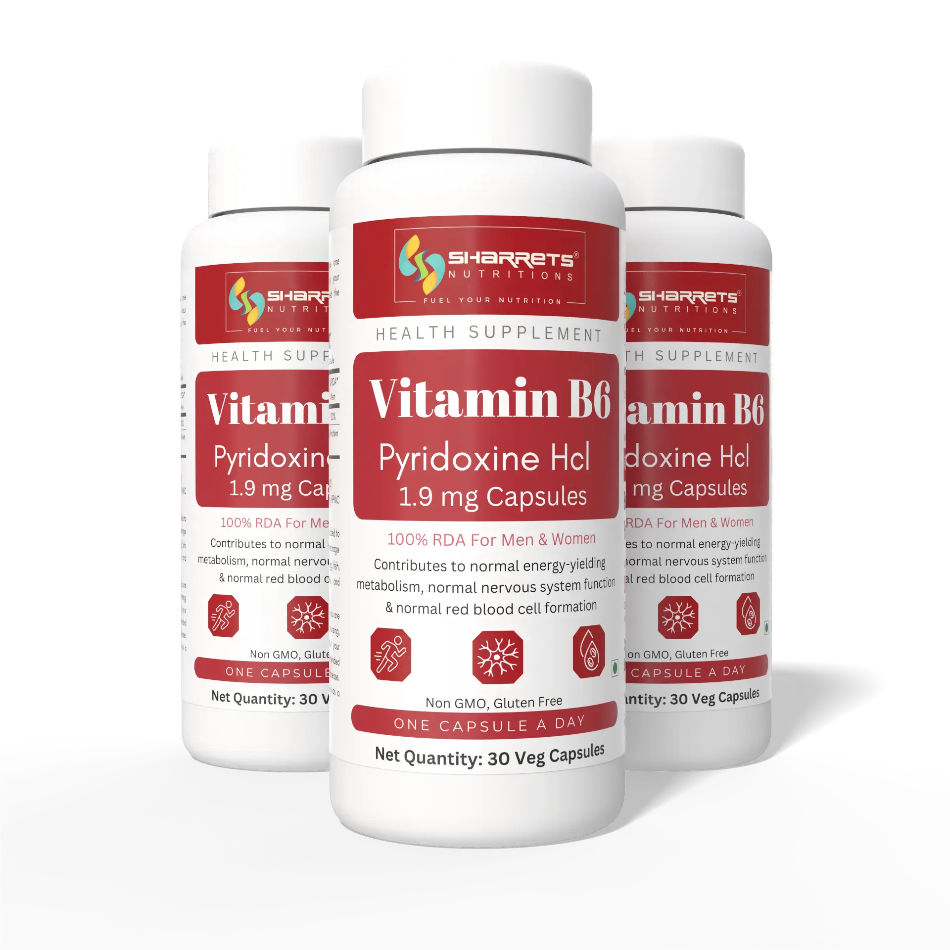three bottles of sharrets nutritions Vitamin B6 Pyridoxine HCl 1.9 mg Capsules