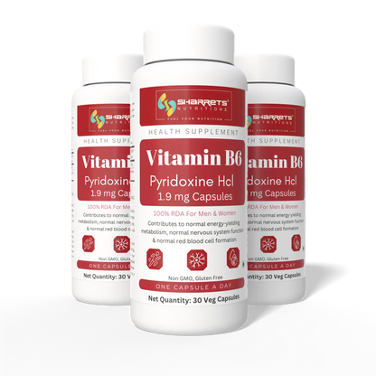 three bottles of sharrets nutritions Vitamin B6 Pyridoxine HCl 1.9 mg Capsules