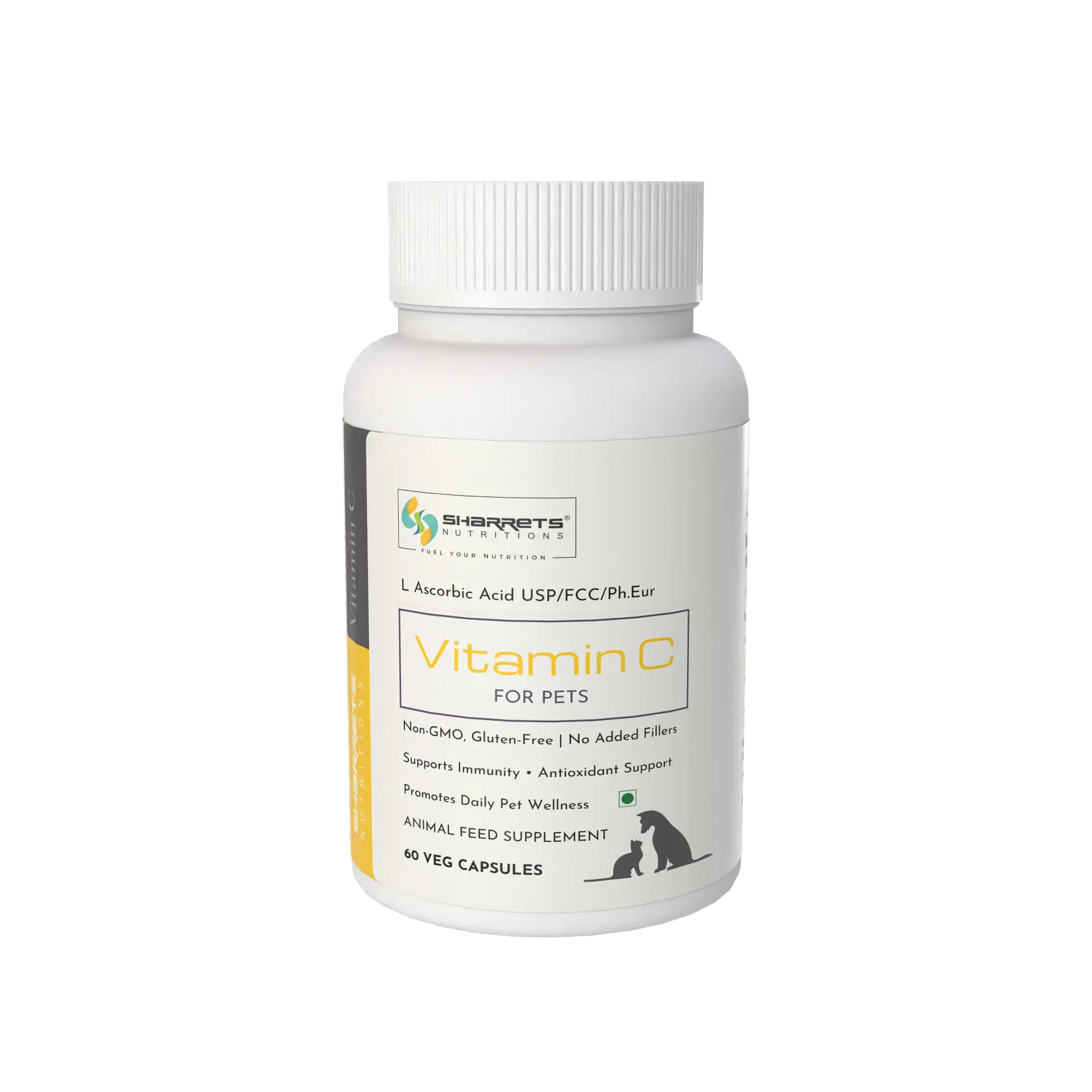 Vitamin C supplement bottle for pets by Sharrets on a white background