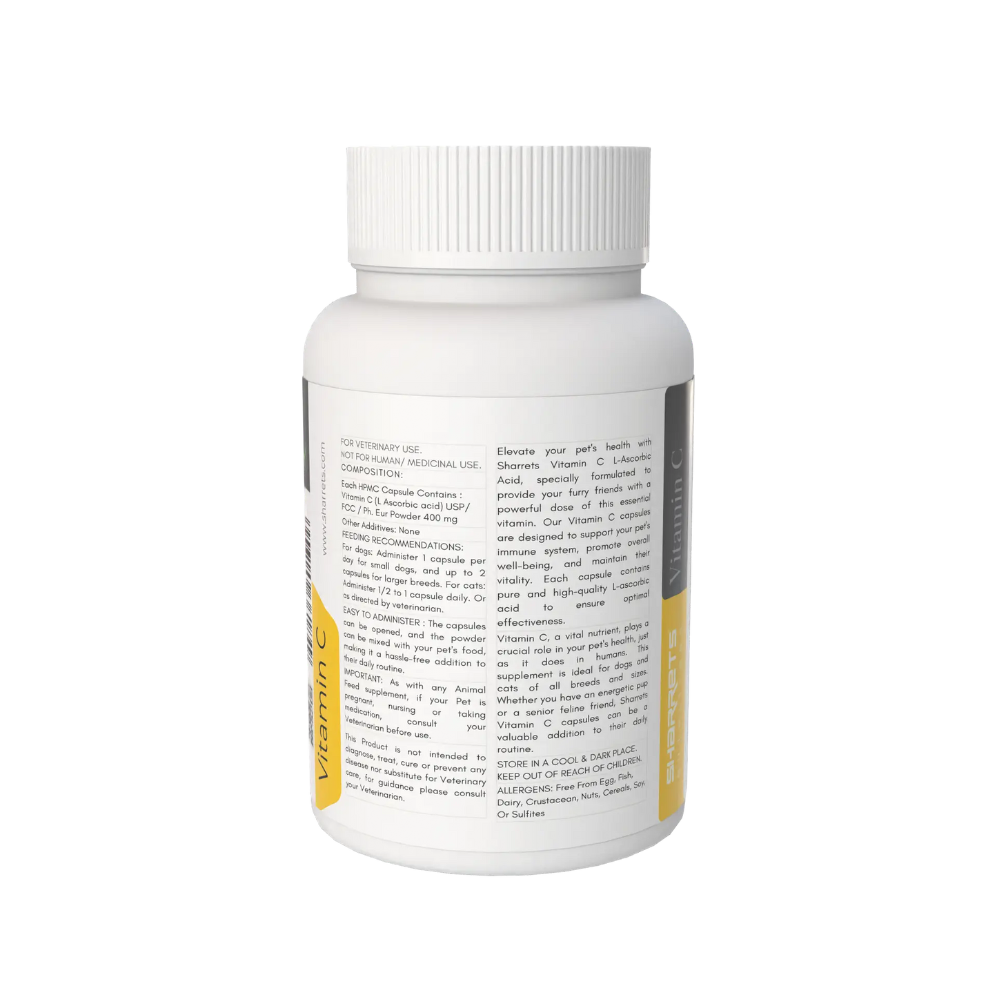 White supplement bottle with label on a white background - Vitamin C L ascorbic acid for Pets