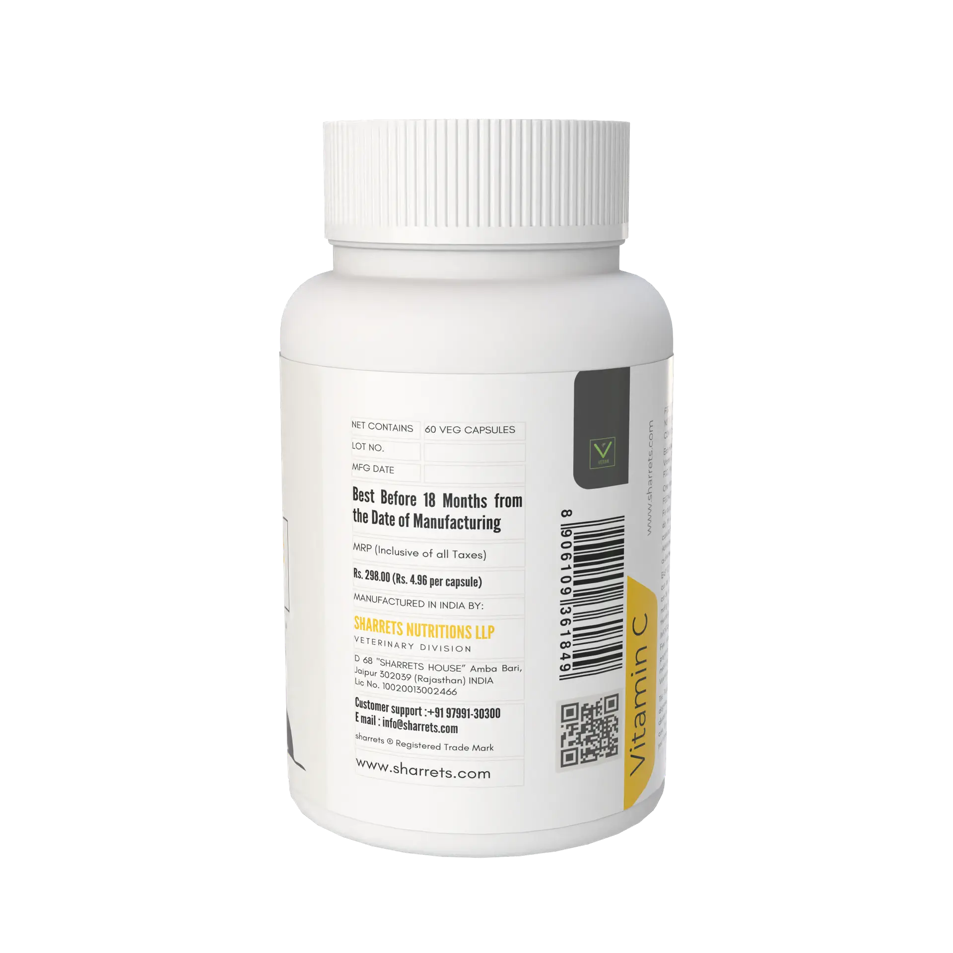 White supplement bottle with label on a white background - Vitamin C L ascorbic acid for Pets