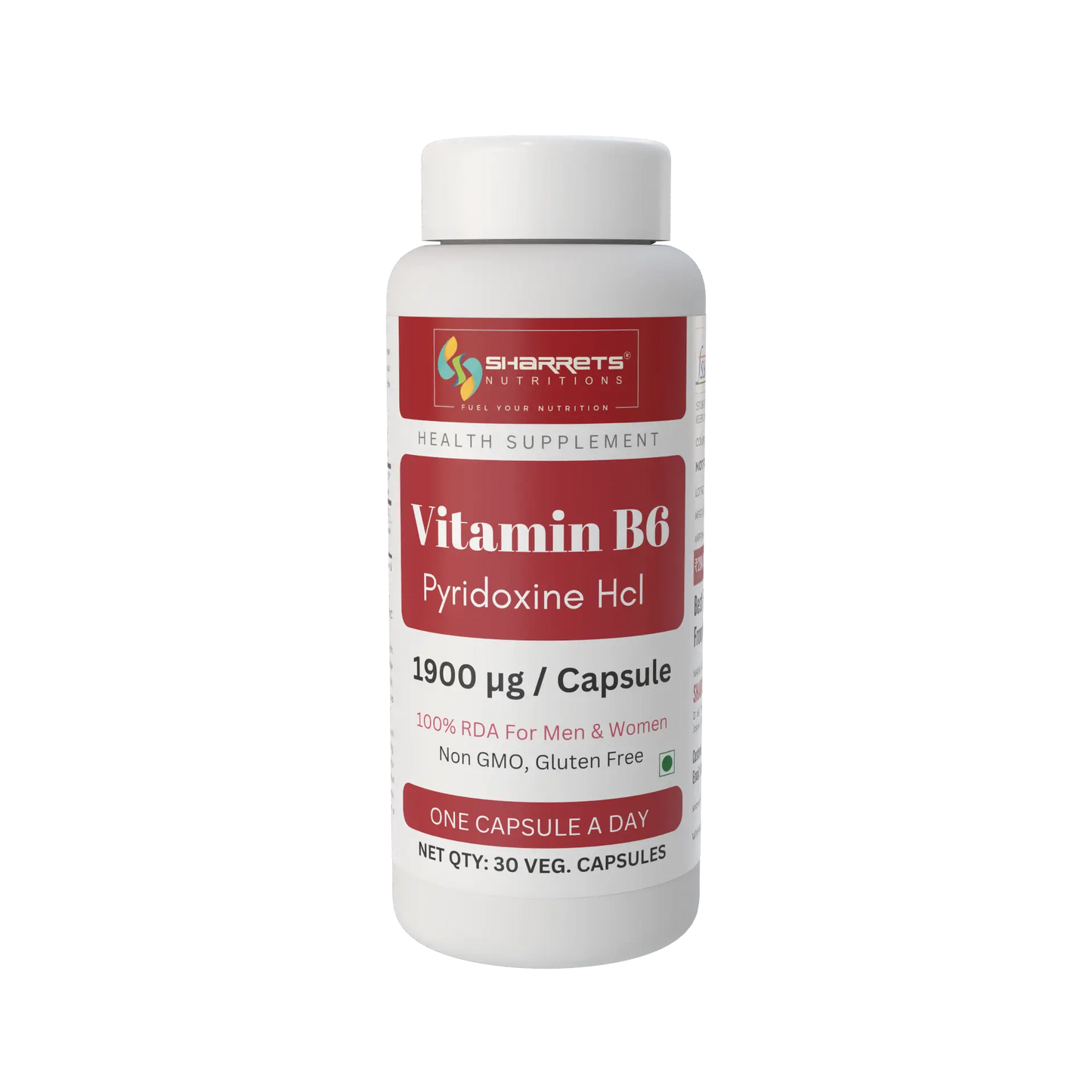 Sharrets Vitamin B6 Pyridoxine HCl 1900 µg per capsule, 30 vegetarian capsules, 100% RDA for men and women