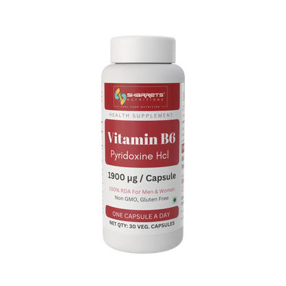 Sharrets Vitamin B6 Pyridoxine HCl 1900 µg per capsule, 30 vegetarian capsules, 100% RDA for men and women