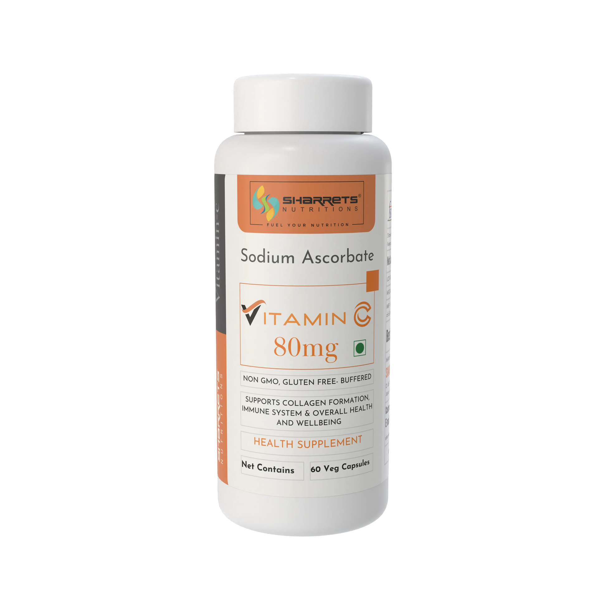 Supplement bottle labeled 'Vitamin C 80mg' by Sharrets Nutritions on a white background