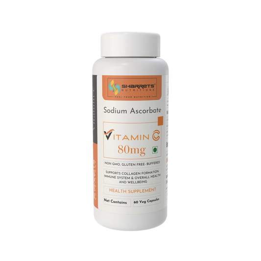 Supplement bottle labeled 'Vitamin C 80mg' by Sharrets Nutritions on a white background