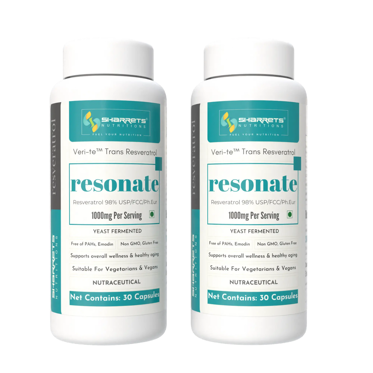 Two bottles of Sharrets Nutritions Yeast Fermented trans Resveratrol 1000mg Capsules - 30 x 2 Capsules 
