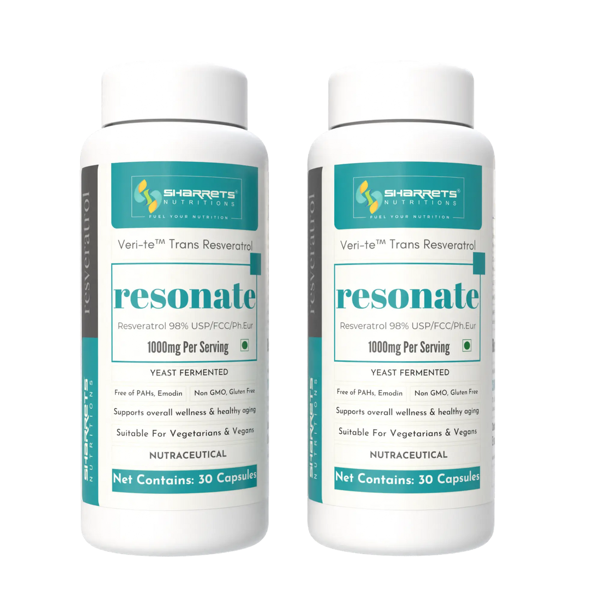 Two bottles of Sharrets Nutritions Yeast Fermented trans Resveratrol 1000mg Capsules - 30 x 2 Capsules 