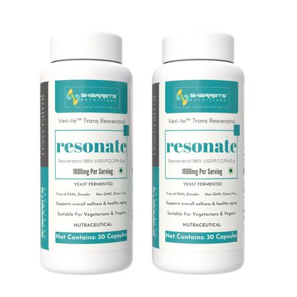Two bottles of Sharrets Nutritions Yeast Fermented trans Resveratrol 1000mg Capsules - 30 x 2 Capsules 
