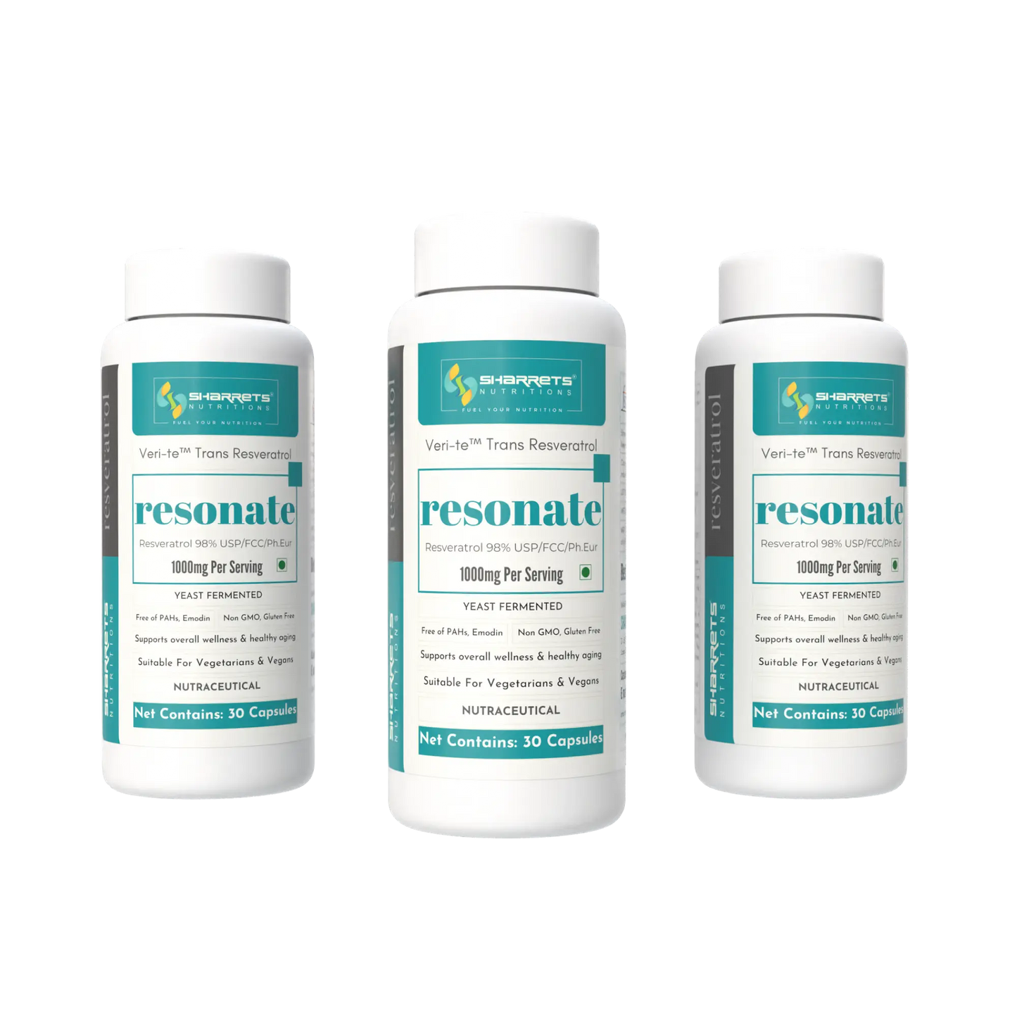 Three bottles of Sharrets Nutritions Yeast Fermented trans Resveratrol 1000 mg Serving - 30 x 2 Capsules 