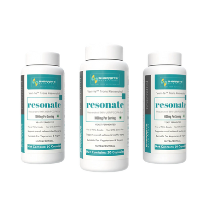 Three bottles of Sharrets Nutritions Yeast Fermented trans Resveratrol 1000 mg Serving - 30 x 2 Capsules 