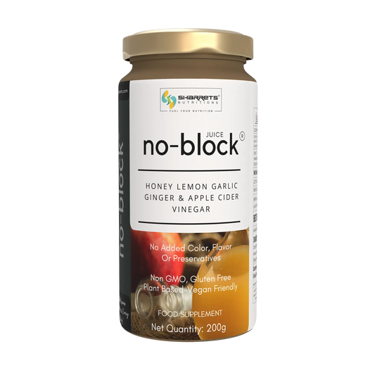 Sharrets No Block juice of apple cider vinegar garlic ginger lemon honey drink in India. Ready-to-use wellness blend with no added water or preservatives. Supports heart health.200g