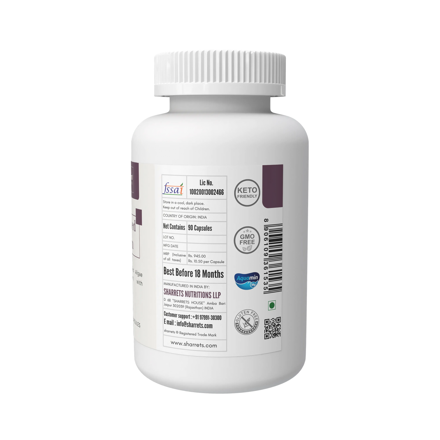 Manufacturer address and FSSAI license details of Sharrets Plant Based Aquamin Calcium Supplement