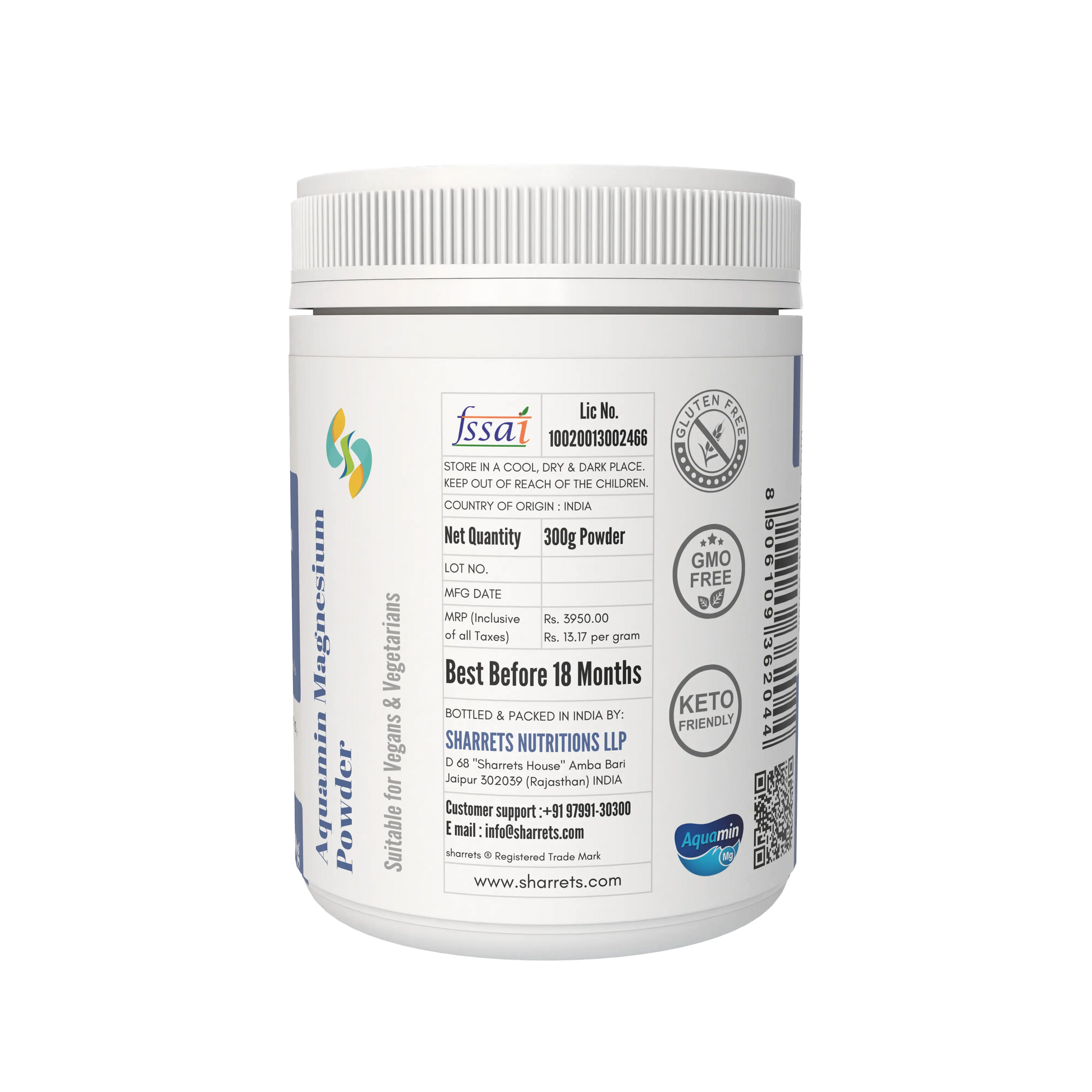 Manufacturer address and FSSAI license details of Sharrets Aquamin Marine Magnesium supplement-300g