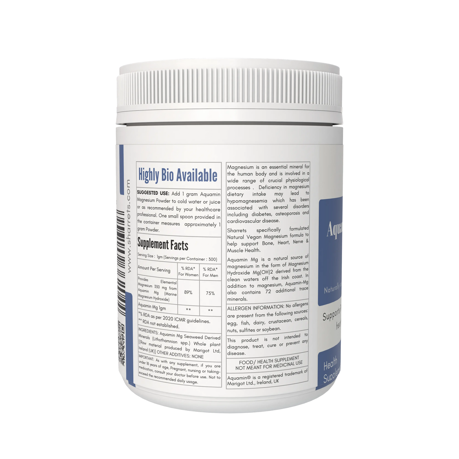 Ingredients panel of Aquamin Marine Magnesium supplement showing natural marine magnesium source