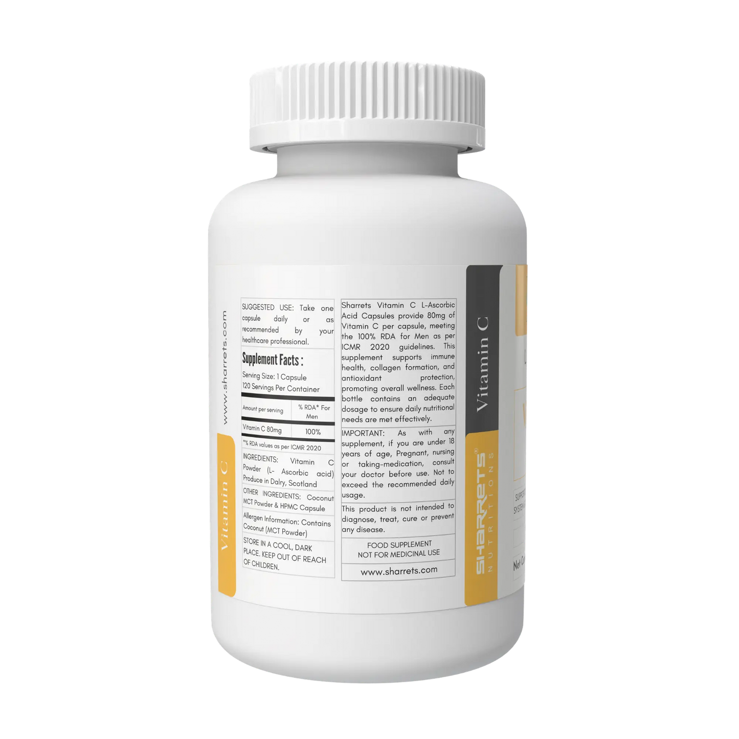 Sharrets Nutritions Ascorbic Acid Vitamin C Capsules 80mg (RDA as per ICMR) – Daily Immunity & Antioxidant Support - 120 Capsules