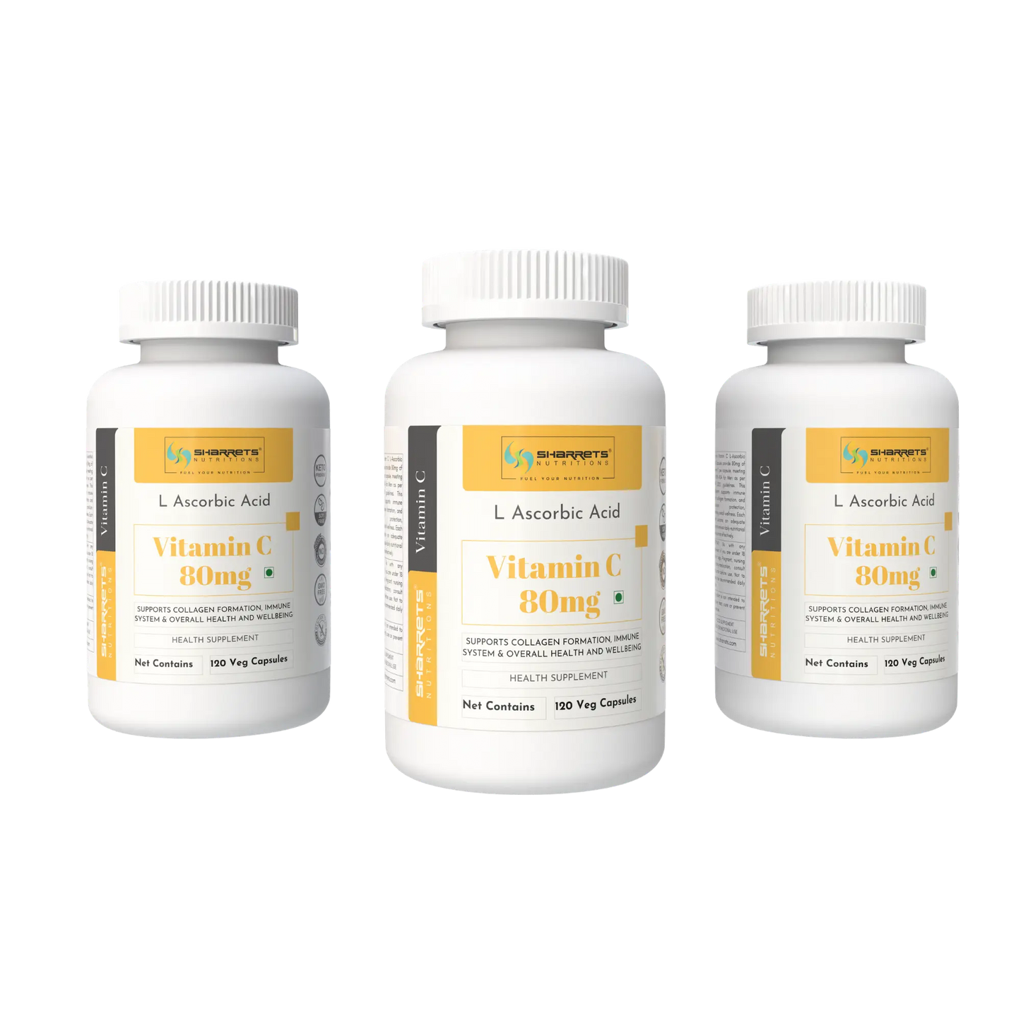 Sharrets Nutritions Ascorbic Acid Vitamin C Capsules 80mg (RDA as per ICMR) – Daily Immunity & Antioxidant Support - 3 x 120 Capsules  (Three Bottles)
