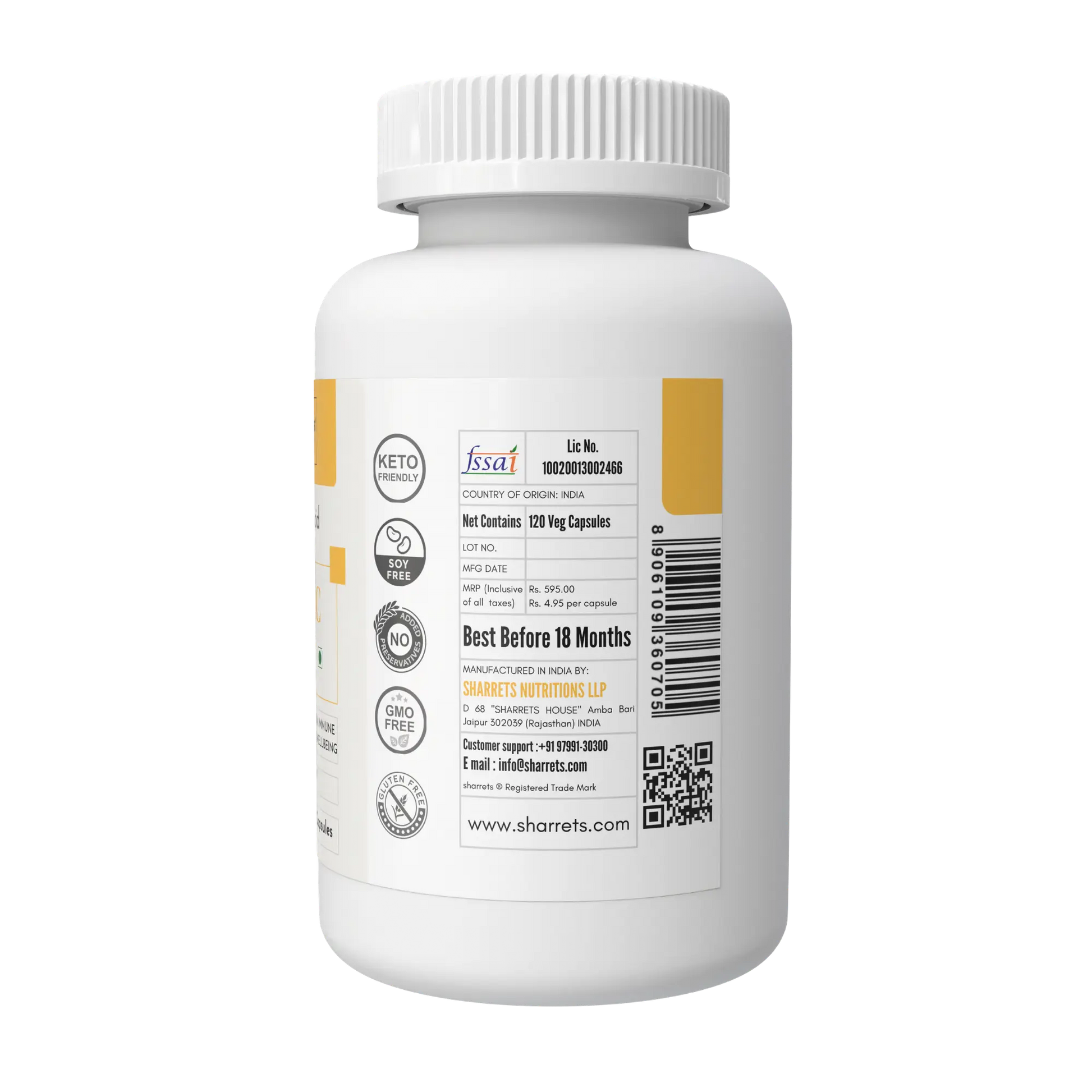 Sharrets Nutritions Ascorbic Acid Vitamin C Capsules 80mg (RDA as per ICMR) – Daily Immunity & Antioxidant Support - 120 Capsules