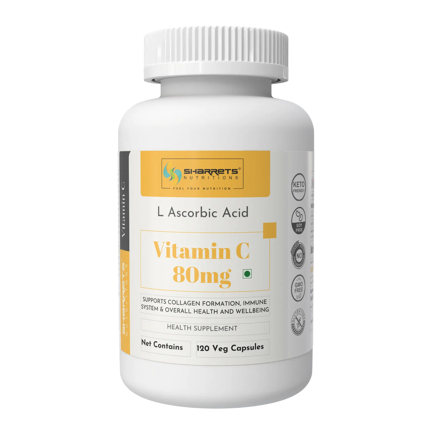 Sharrets Nutritions Ascorbic Acid Vitamin C Capsules 80mg (RDA as per ICMR) – Daily Immunity & Antioxidant Support - 120 Capsules
