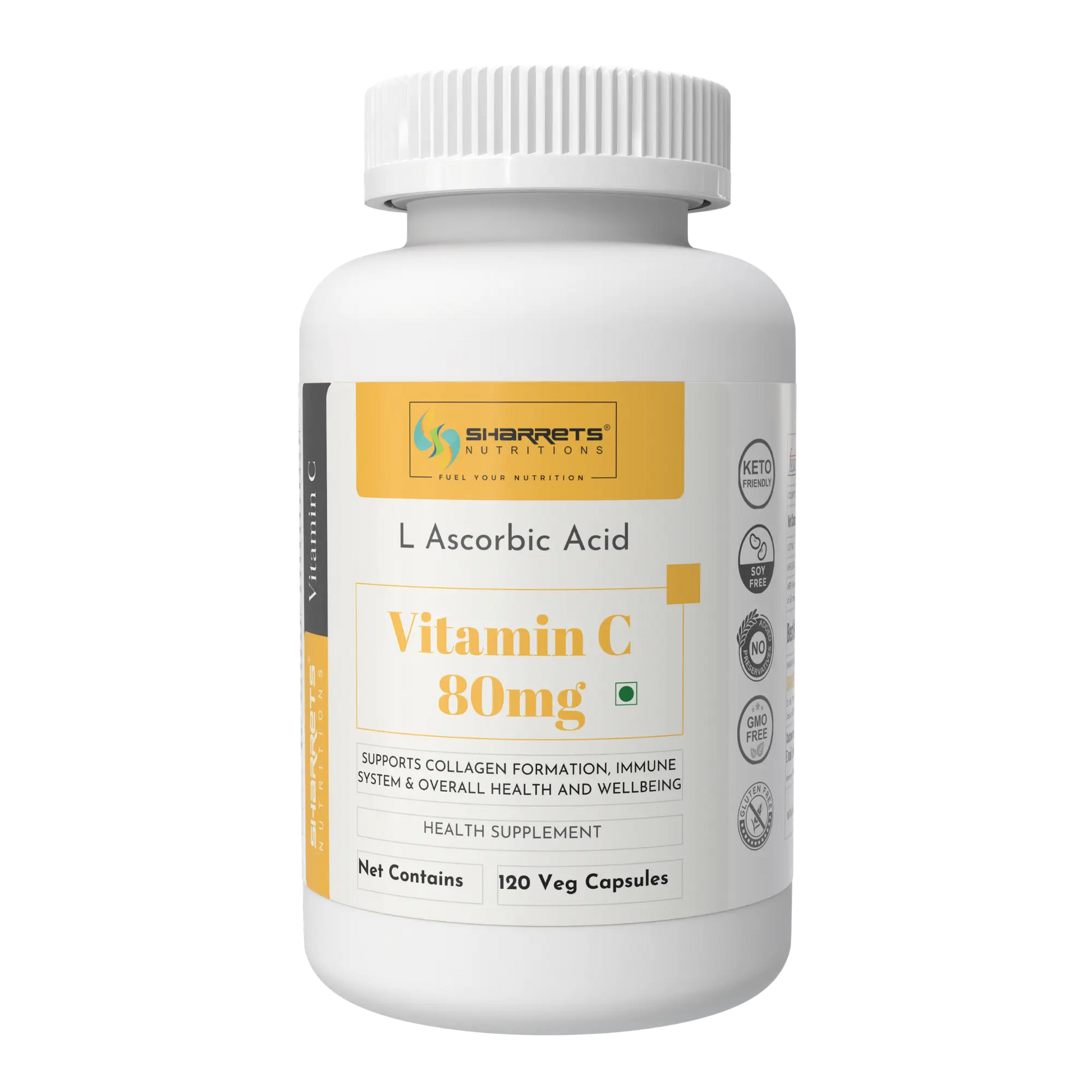 Sharrets Nutritions Ascorbic Acid Vitamin C Capsules 80mg (RDA as per ICMR) – Daily Immunity & Antioxidant Support - 120 Capsules