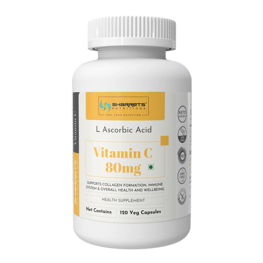 Sharrets Nutritions Ascorbic Acid Vitamin C Capsules 80mg (RDA as per ICMR) – Daily Immunity & Antioxidant Support - 120 Capsules