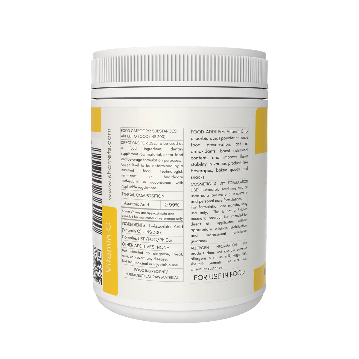 SHARRETS Pure L Ascorbic Acid (Vitamin C) Powder USP/FCC/Ph.Eur – High Potency Food & Pharma Grade - 350G - LEFT PANEL SHOWING - APPLICATIONS, INGREDIENTS 