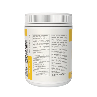 SHARRETS Pure L Ascorbic Acid (Vitamin C) Powder USP/FCC/Ph.Eur – High Potency Food & Pharma Grade - 350G - LEFT PANEL SHOWING - APPLICATIONS, INGREDIENTS 
